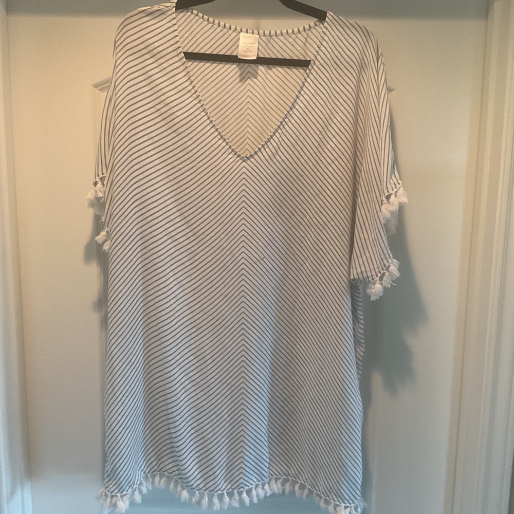 Merona White and Navy Striped Swim Coverup with Tassel Trim
